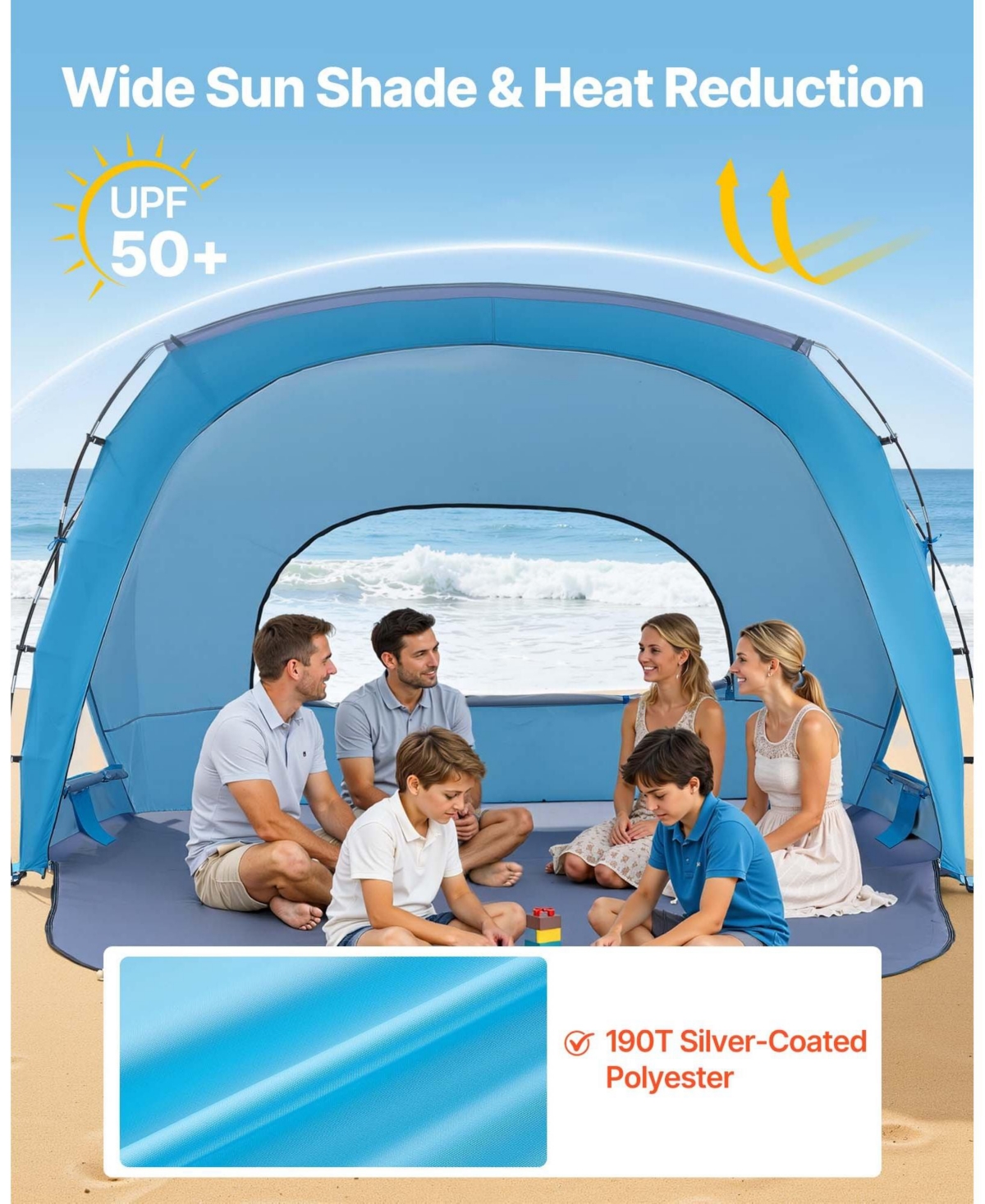 Cozito Beach Tent Sun Shelter, 6-Person Portable Canopy with Sand Pockets