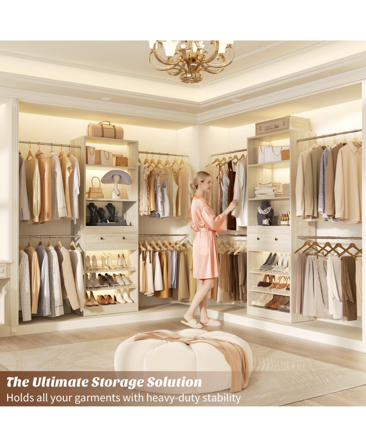 Aheaplus Wood Closet Organizer System with Drawer and 4 Hanging Rods, Heavy Duty Walk-in