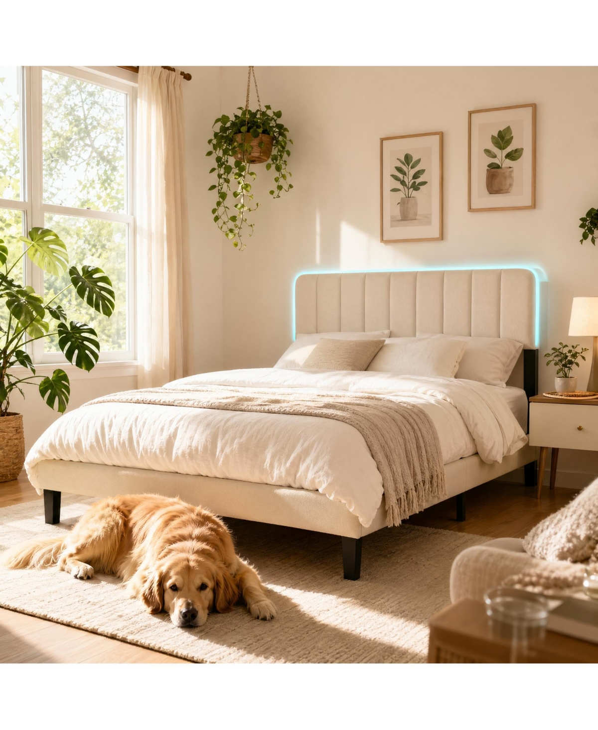homfan Platform Bed Frame with Led Lights, Upholstered Headboard, Led Lighted Bed Frame,No Box Spring Needed