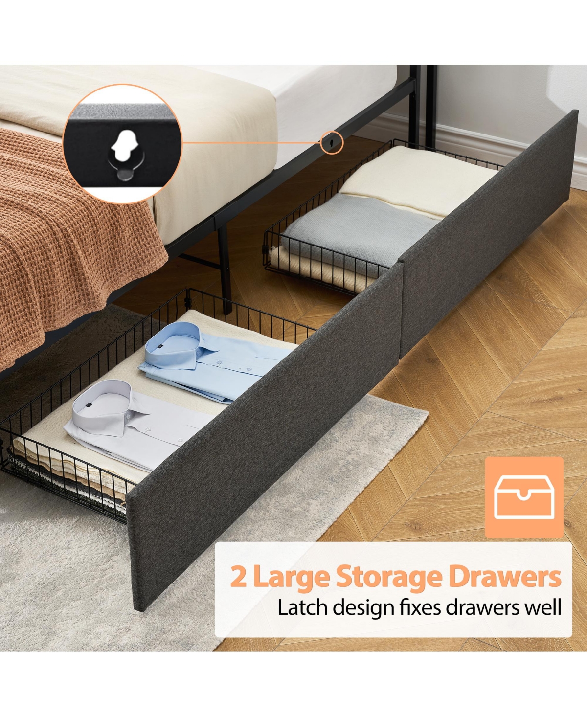 homfan Upholstered Bed Frame with Storage Headboard, Charging Station, 2 Drawers, Metal Slat Support