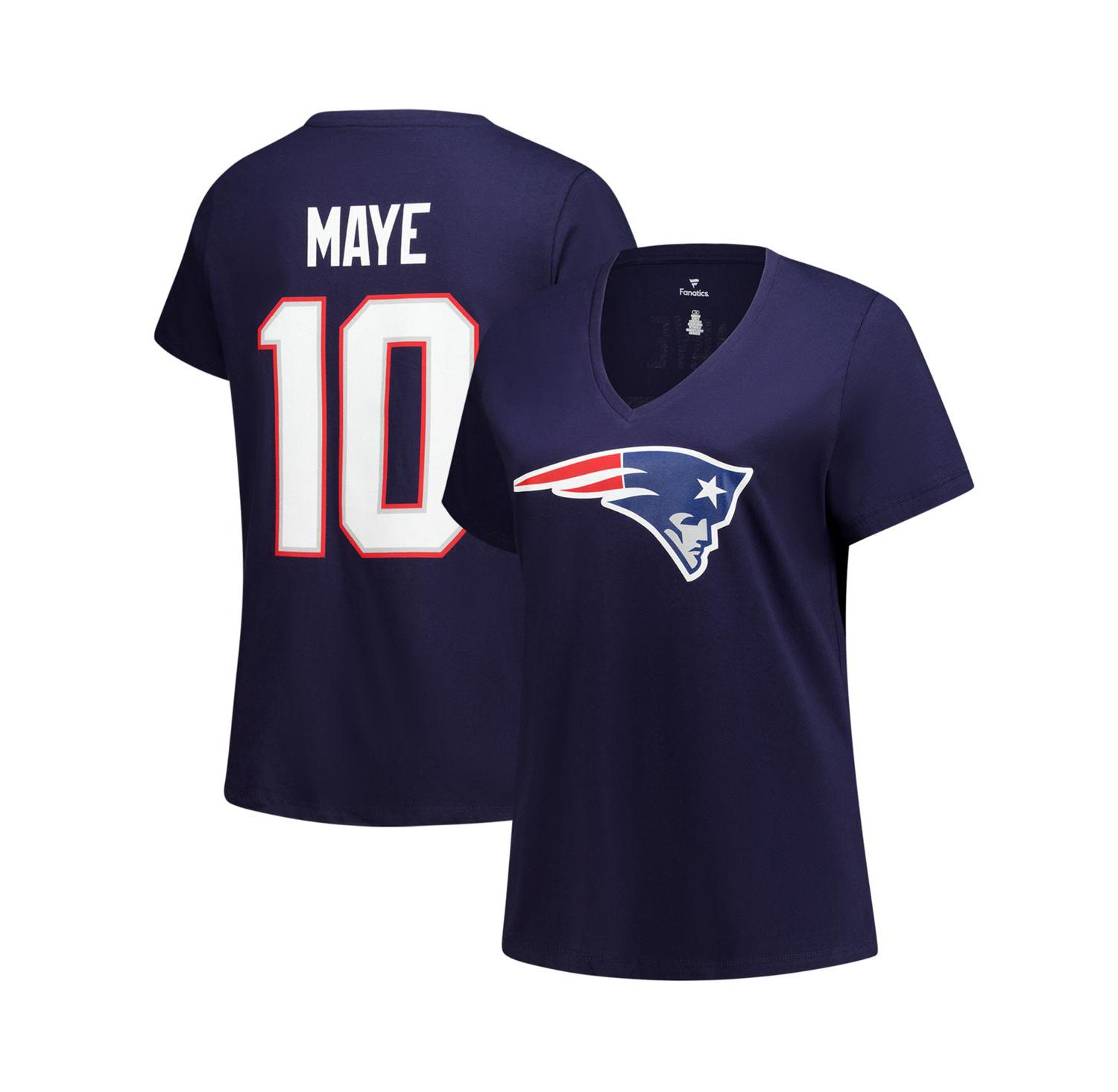 Women's Drake Maye Navy New England Patriots Plus Size Name & Number V-Neck T-Shirt