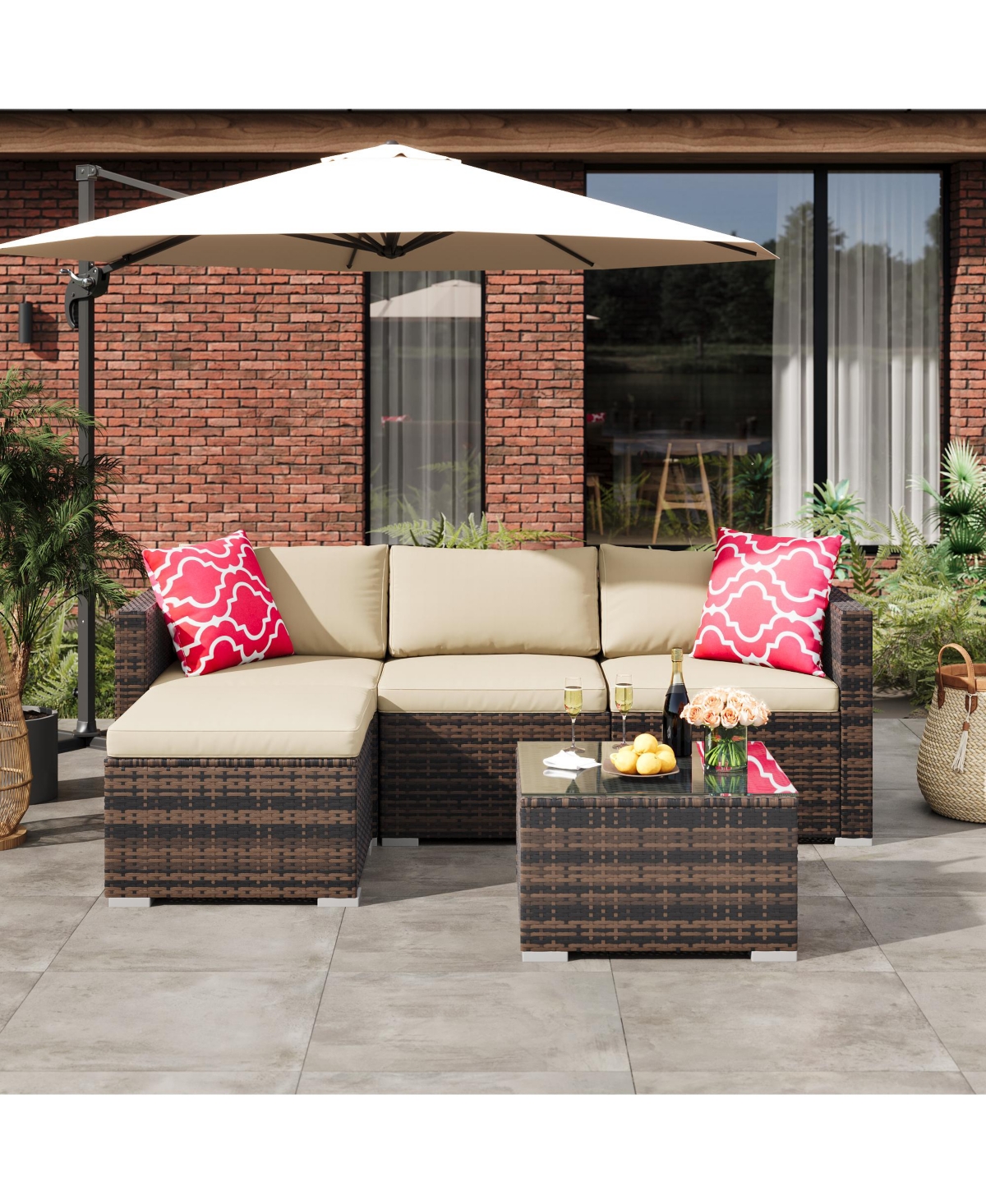 homfan Outdoor Patio Furniture Set with Modular Wicker Sectional Washable Cushions and Glass Top Table