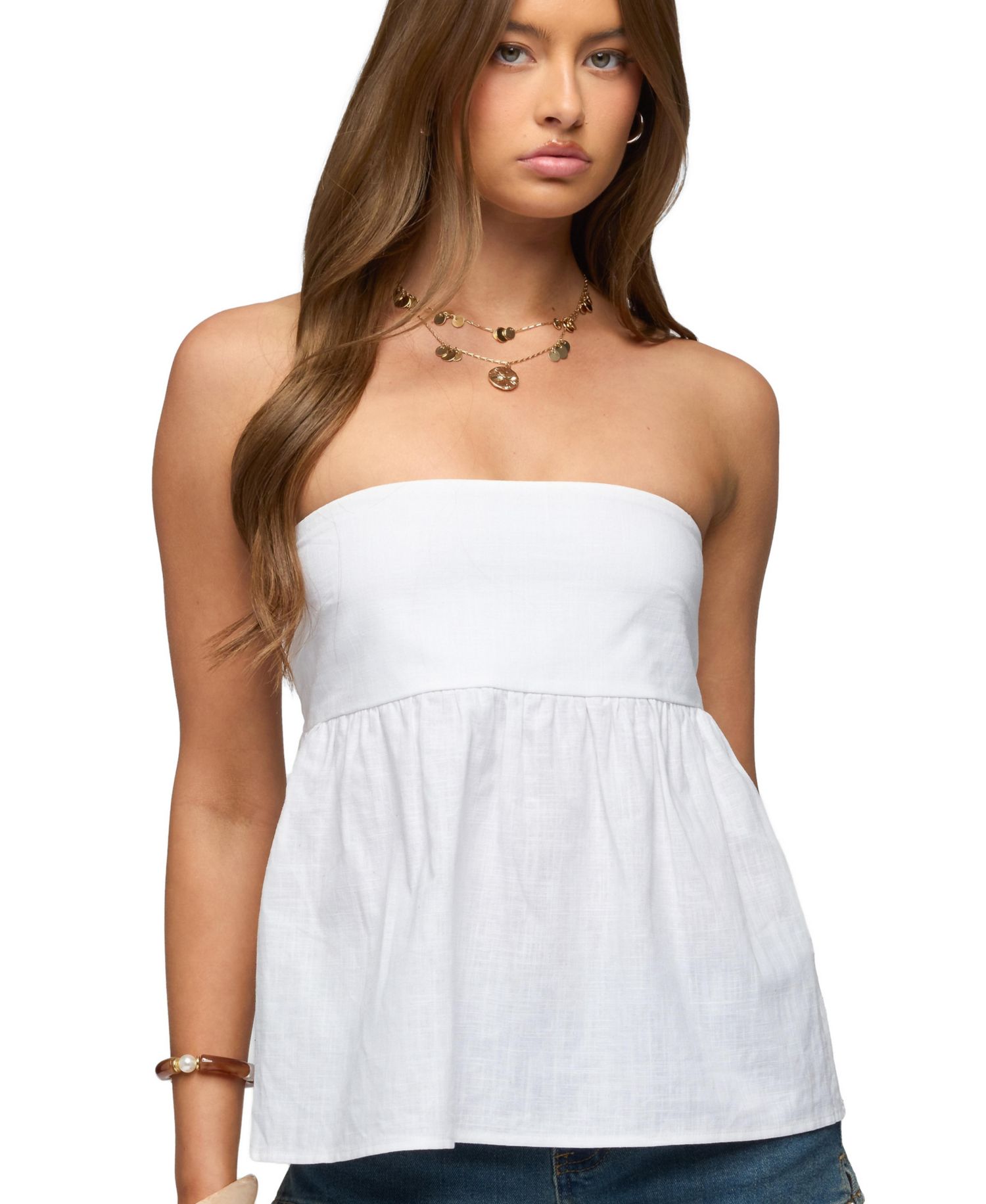 Women's Linen Look Strapless Babydoll Top