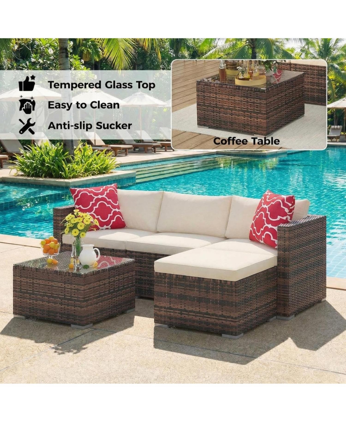 gaomon 5-Piece Patio Conversation Set with Glass Storage Table