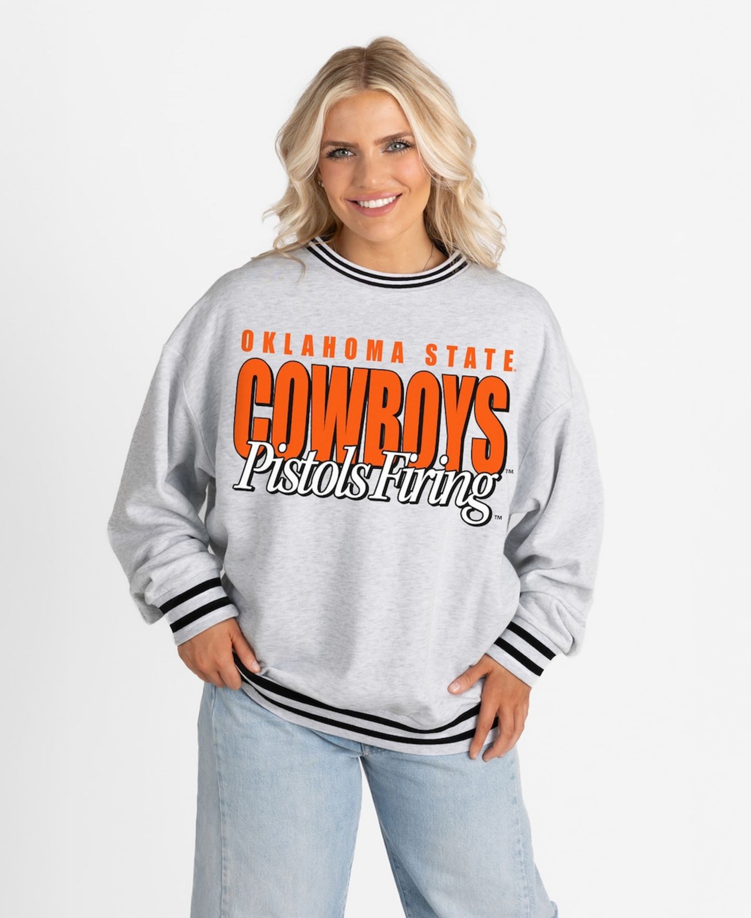 Women's Gray Oklahoma State Cowboys Oversized Showdown Ringer Stripe Sweatshirt