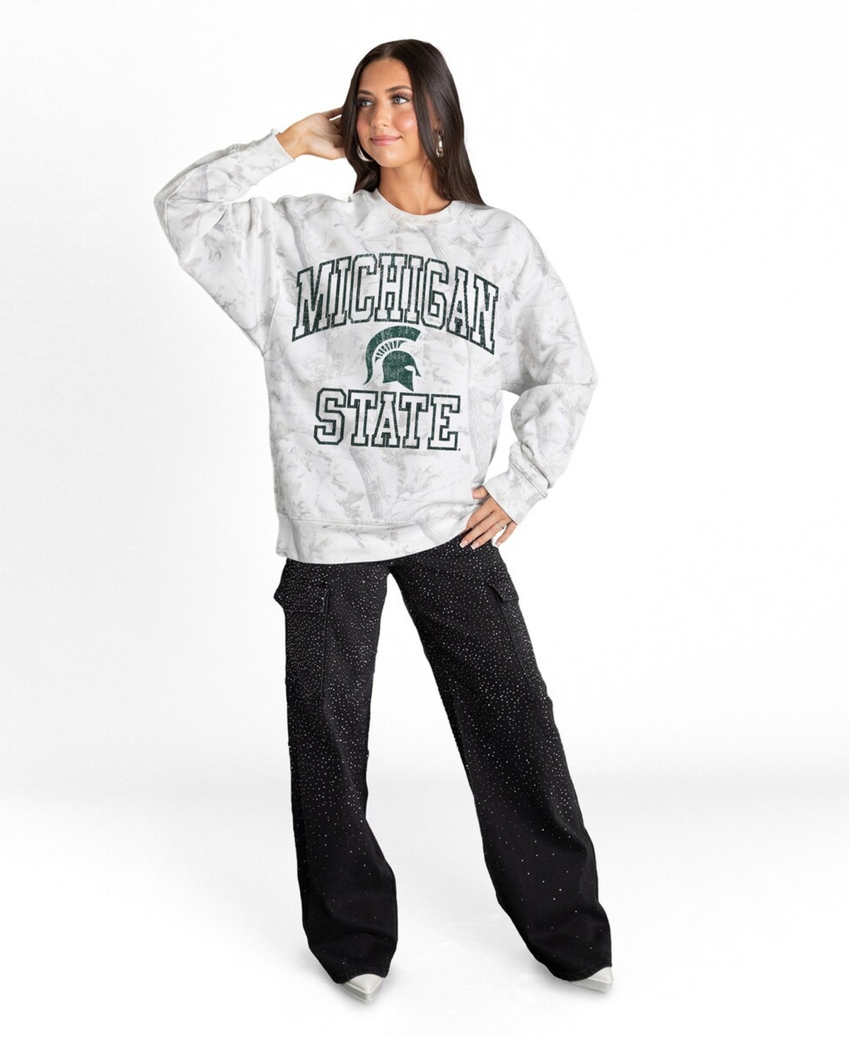 Gameday Couture Women's Ash Michigan State Spartans Whiteout Premium Fleece Camo Sweatshirt