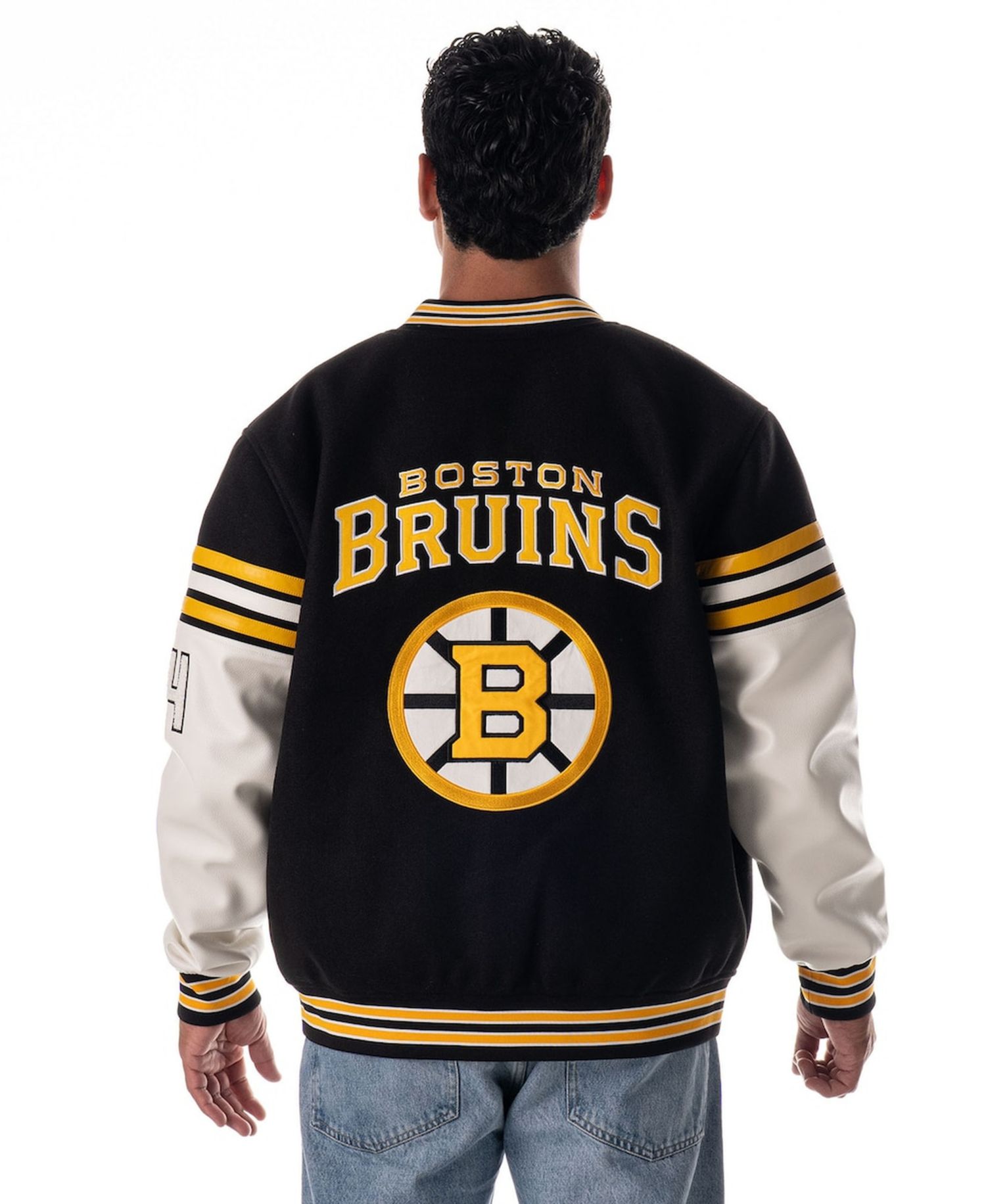 Men's and Women's Black Boston Bruins Drop Shoulder Full-Snap Varsity Jacket