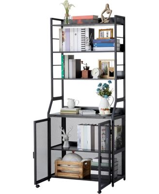 Industrial Bookshelf with Cabinet - Wooden Display Shelf and Metal Frame, Floorstanding Storage Shelving Unit for Bedroom, Living Room