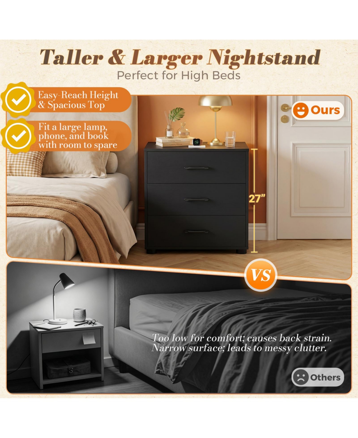 Aheaplus Wooden Nightstands with 3-Drawers, Stackable Dresser Charging Station, End Table