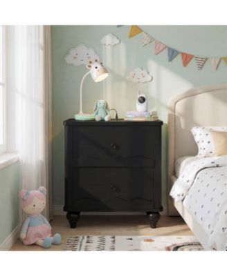 Wooden Nightstand with Charging Station, Storage Dresser with 2 Drawers