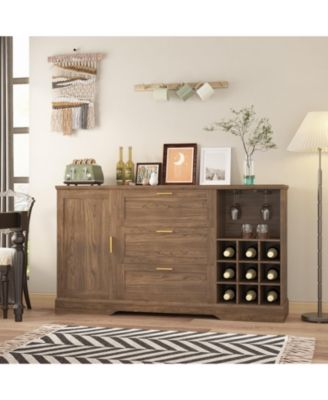 63 Inch Farmhouse Sideboard with Wine Racks, MDF Buffet Cabinet, Drawer and Adjustable Shelves, for Kitchen and Dining Room