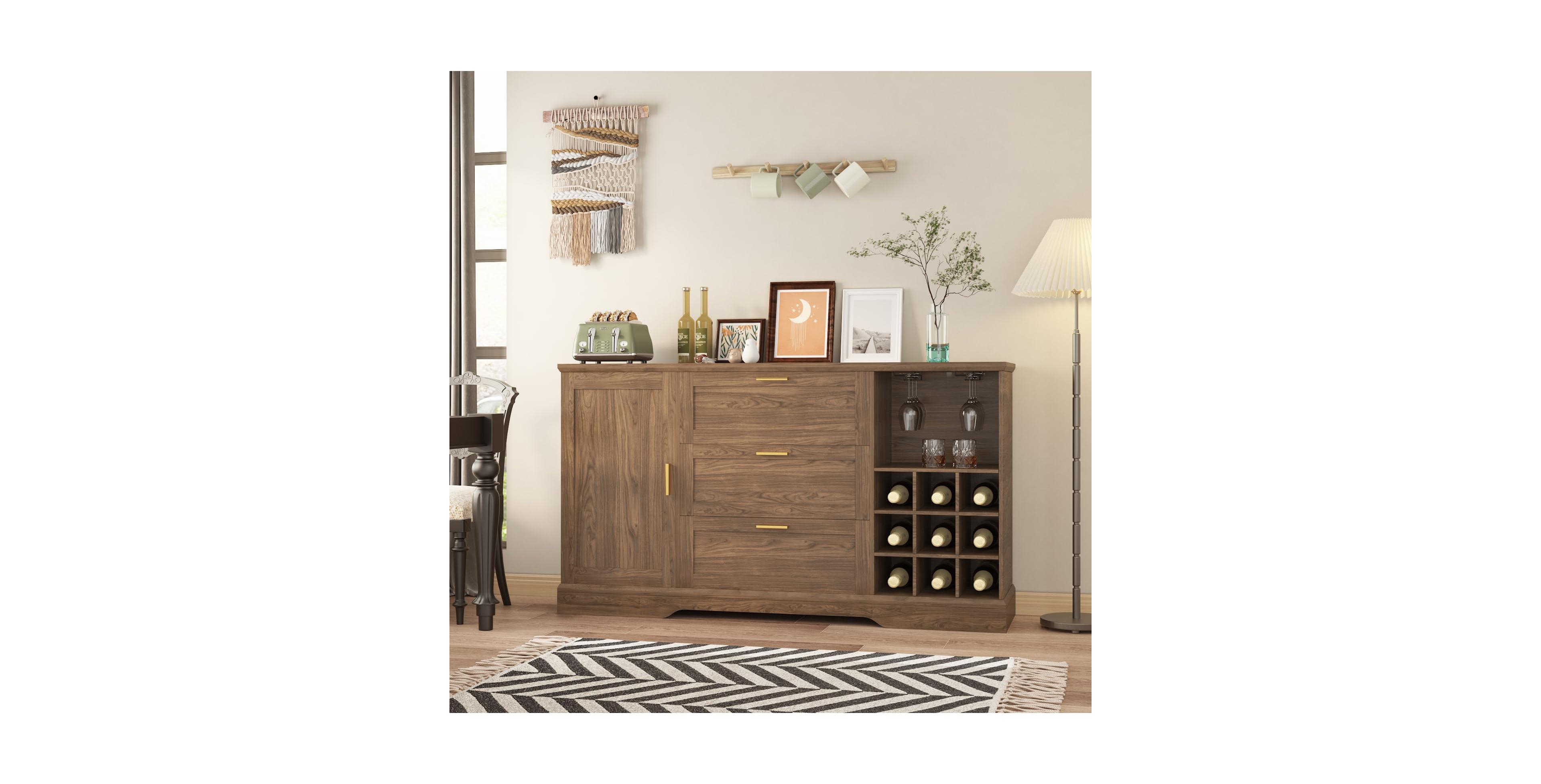 gaomon 63 Inch Farmhouse Sideboard with Wine Racks, Mdf Buffet Cabinet, Drawer and Adjustable Shelves, for Kitchen Dining Room