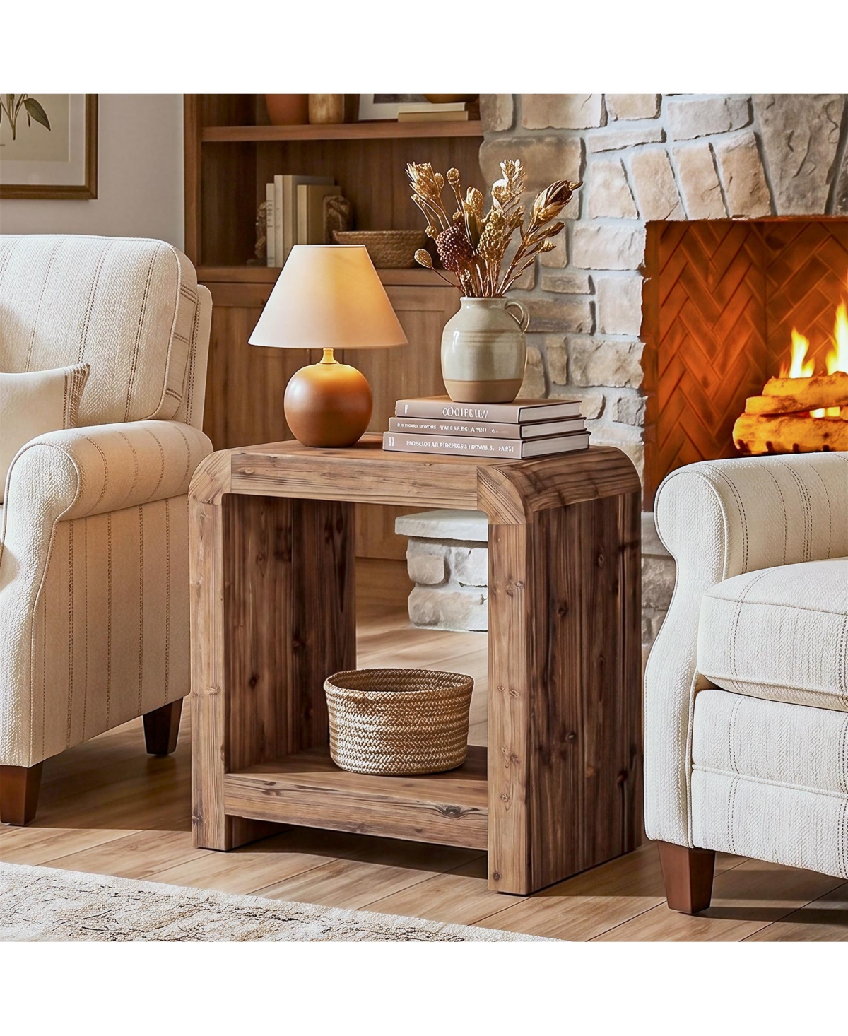 Tribesigns 2-Tier Solid Wood End Table, Farmhouse Rustic Nightstand,Narrow Side Table with Storage Shelves