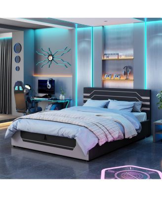 Modern Queen Hydraulic Storage Gaming Bed Frame, Cyberpunk Design