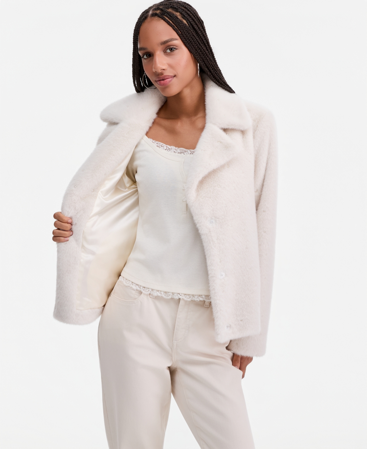 Cece Women's Faux-Fur Pearl Embellished Short Jacket