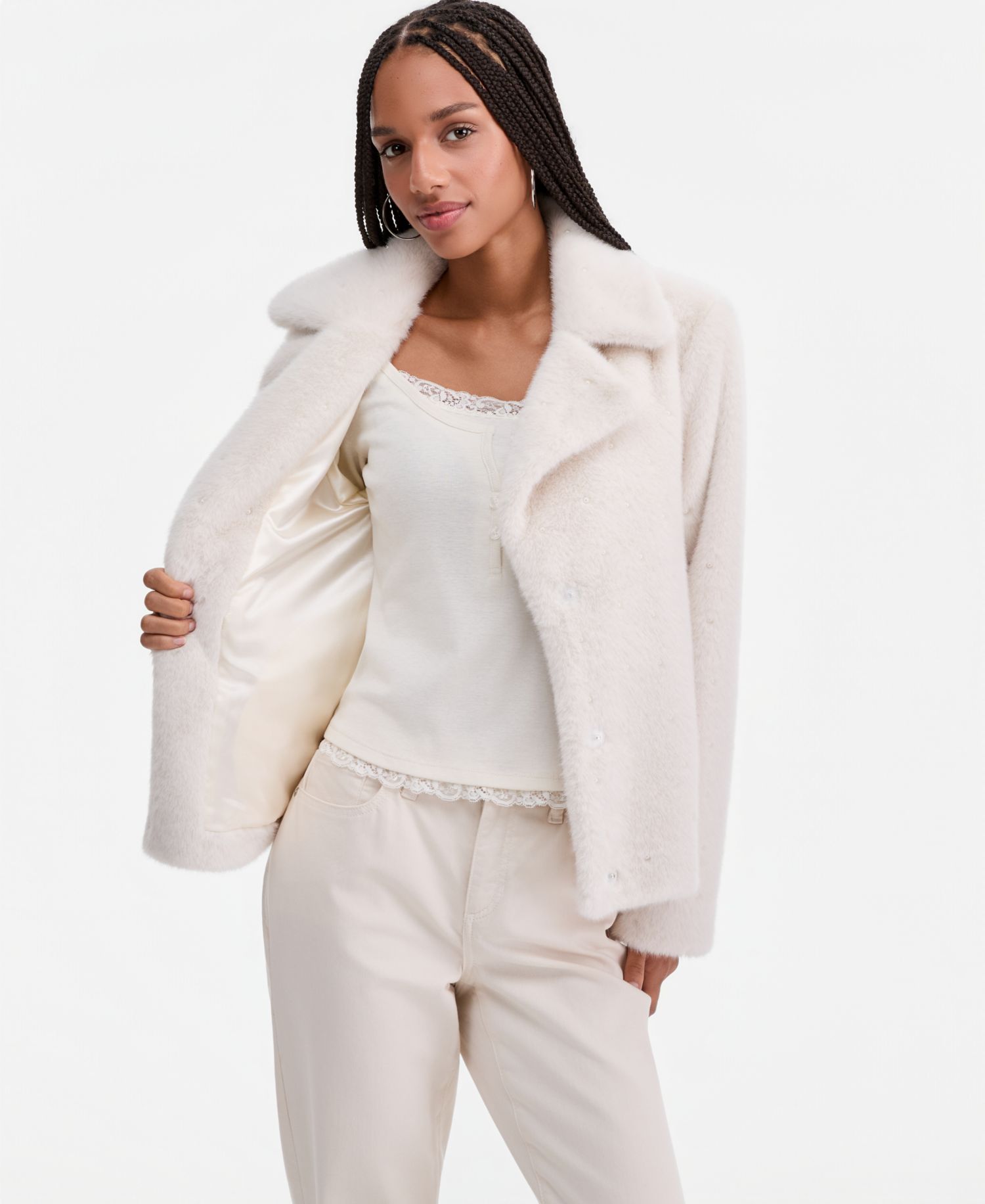 Women's Faux-Fur Pearl Embellished Short Jacket