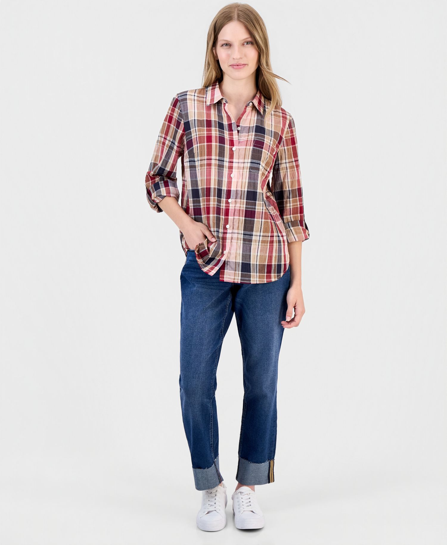 Women's Crinkle Plaid Roll-Tab Shirt