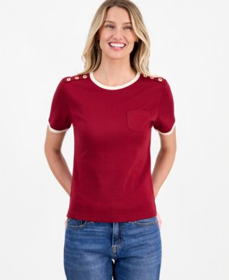 Women's Cotton Button-Shoulder Ringer T-Shirt