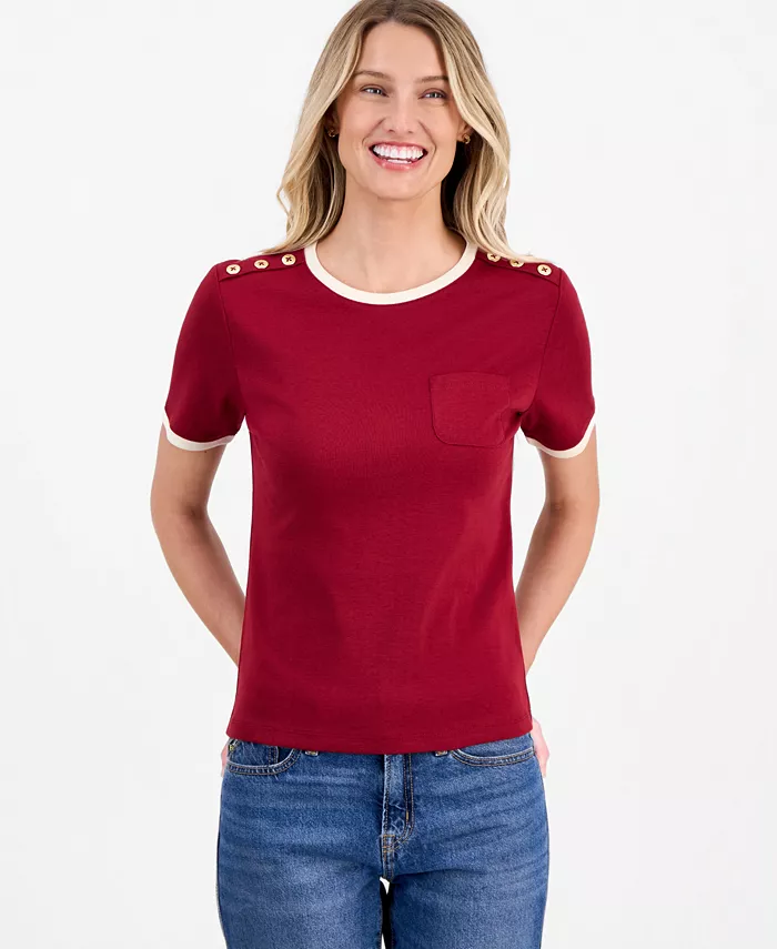 Women's Cotton Button-Shoulder Ringer T-Shirt