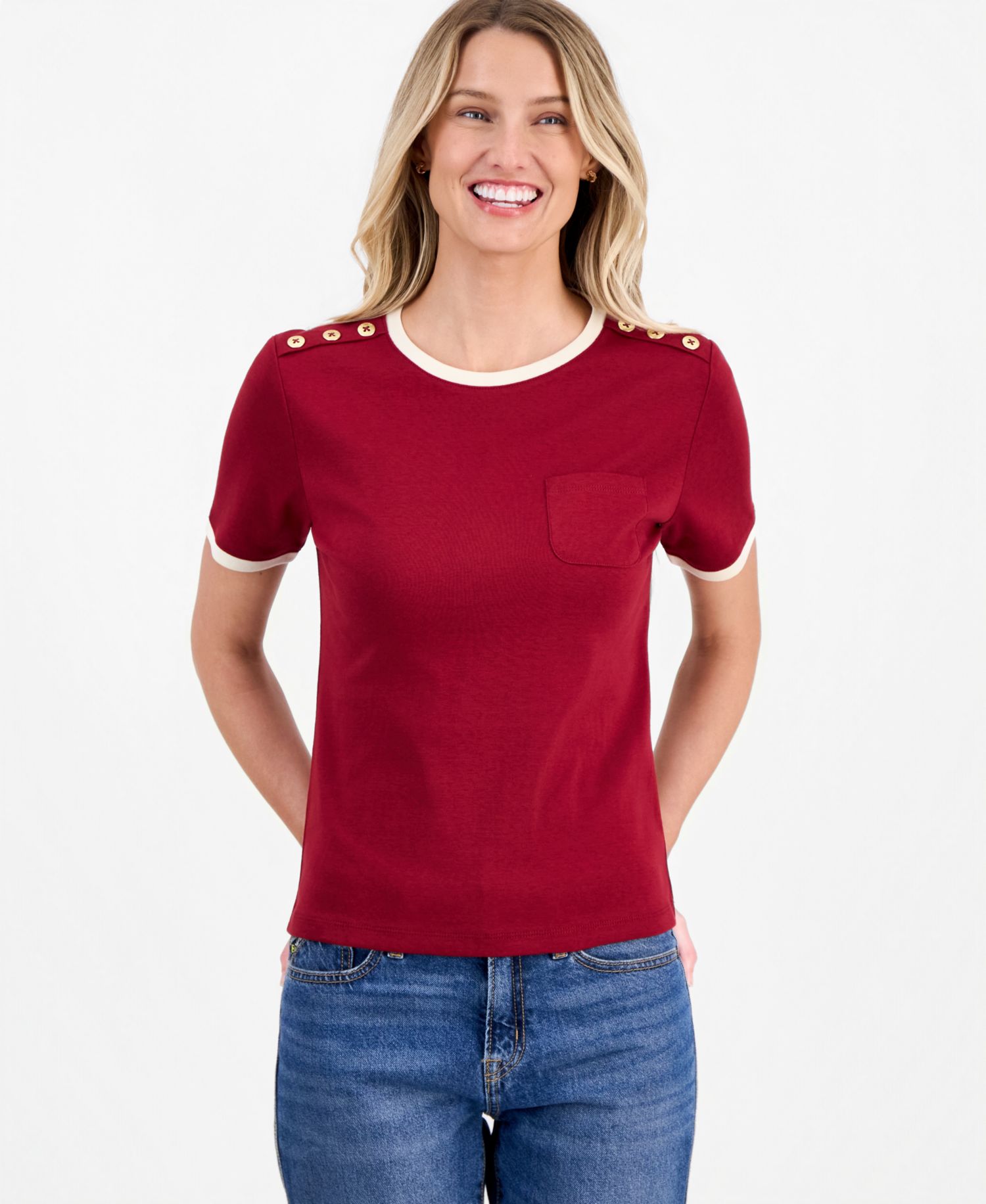 Women's Cotton Button-Shoulder Ringer T-Shirt
