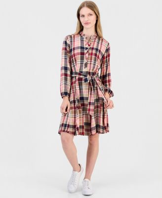 Women's Plaid Ruffled-Neckline Long-Sleeve Shirtdress