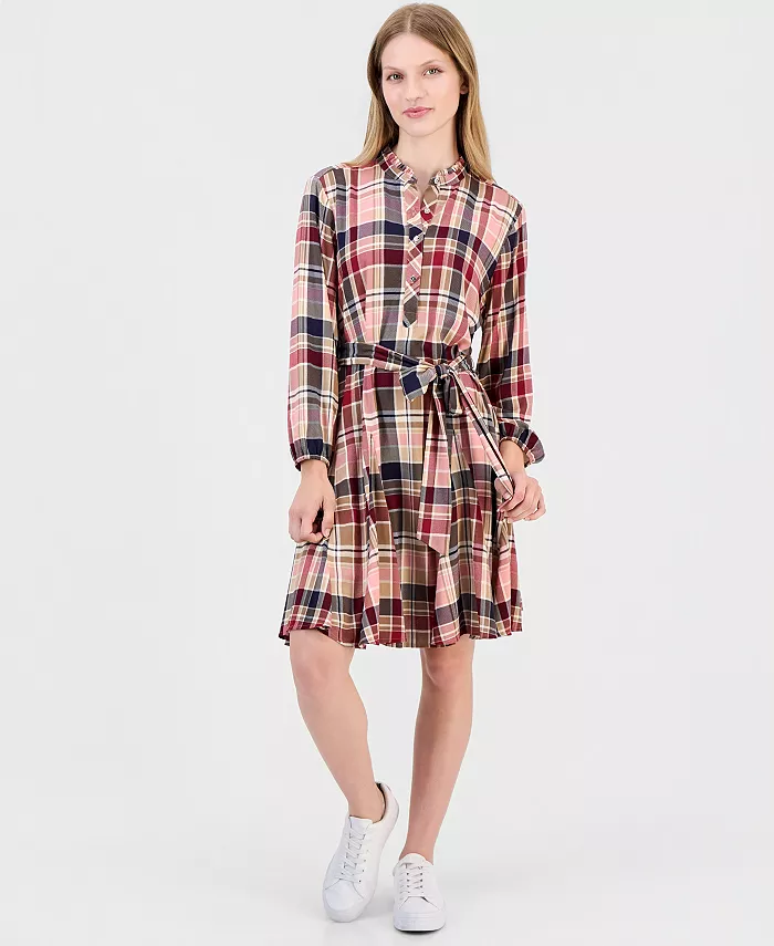 Women's Plaid Ruffled-Neckline Long-Sleeve Shirtdress