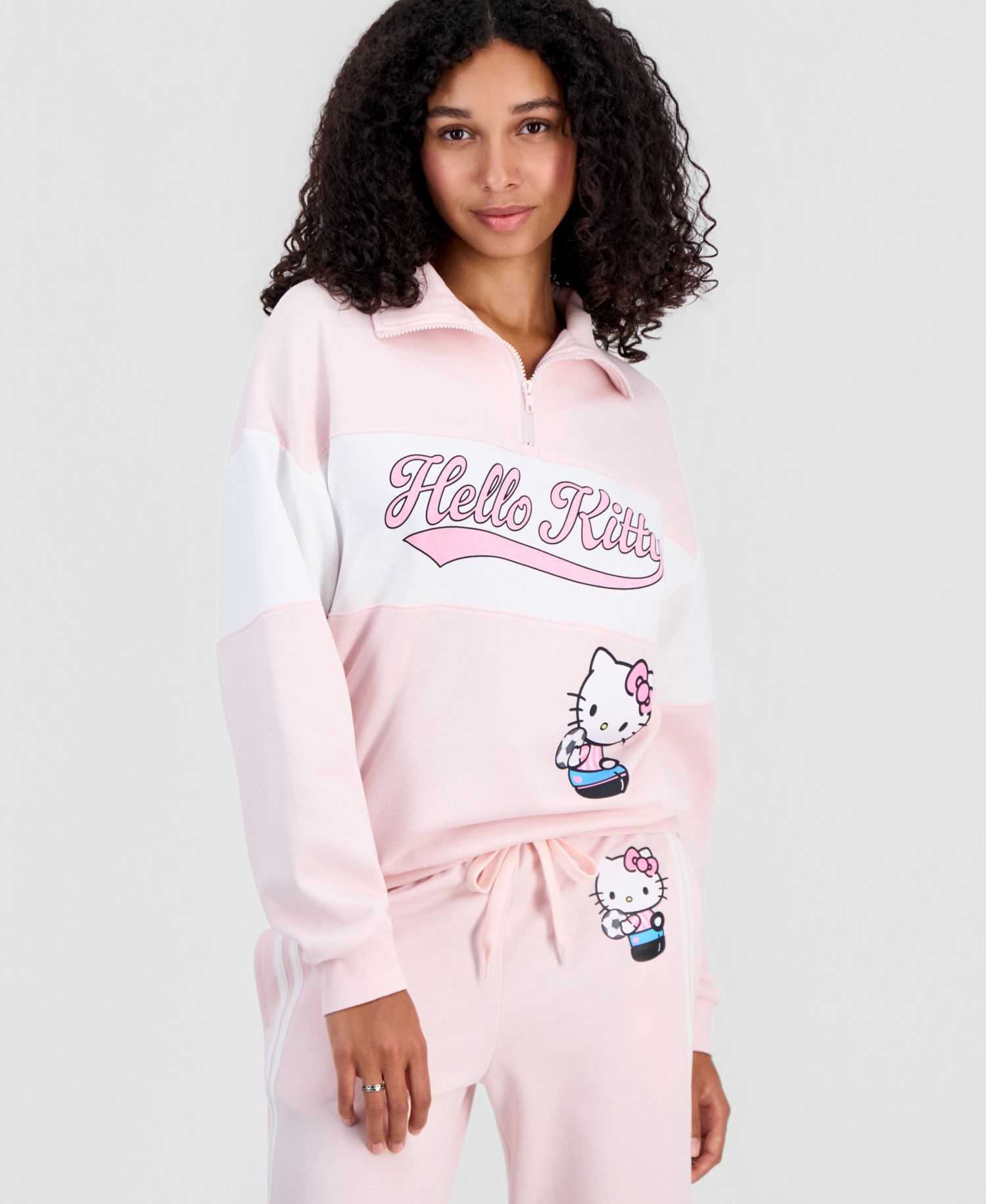 Juniors' Hello Kitty Varsity Quarter-Zip Fleece Pullover Sweatshirt