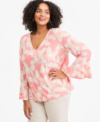 Plus Size Printed V-Neck Flounce Sleeve Jacquard Top, Macy's Exclusive