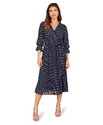 Women's Foil Printed Pleated Wrap Midi Dress