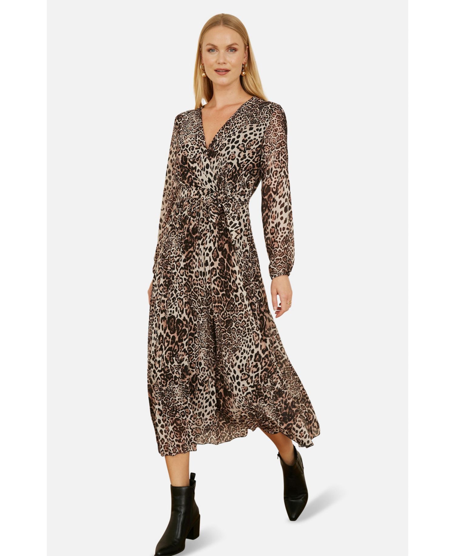 Women's Leopard Print Long Sleeve Midi Dress