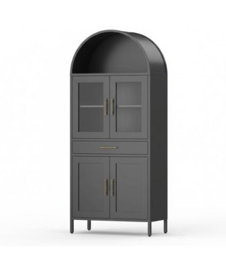73 Inch Arched Cabinet with Glass Doors, Metal Kitchen Pantry with Storage Drawer and 2 Adjustable Shelves, Modern Display Bookcase