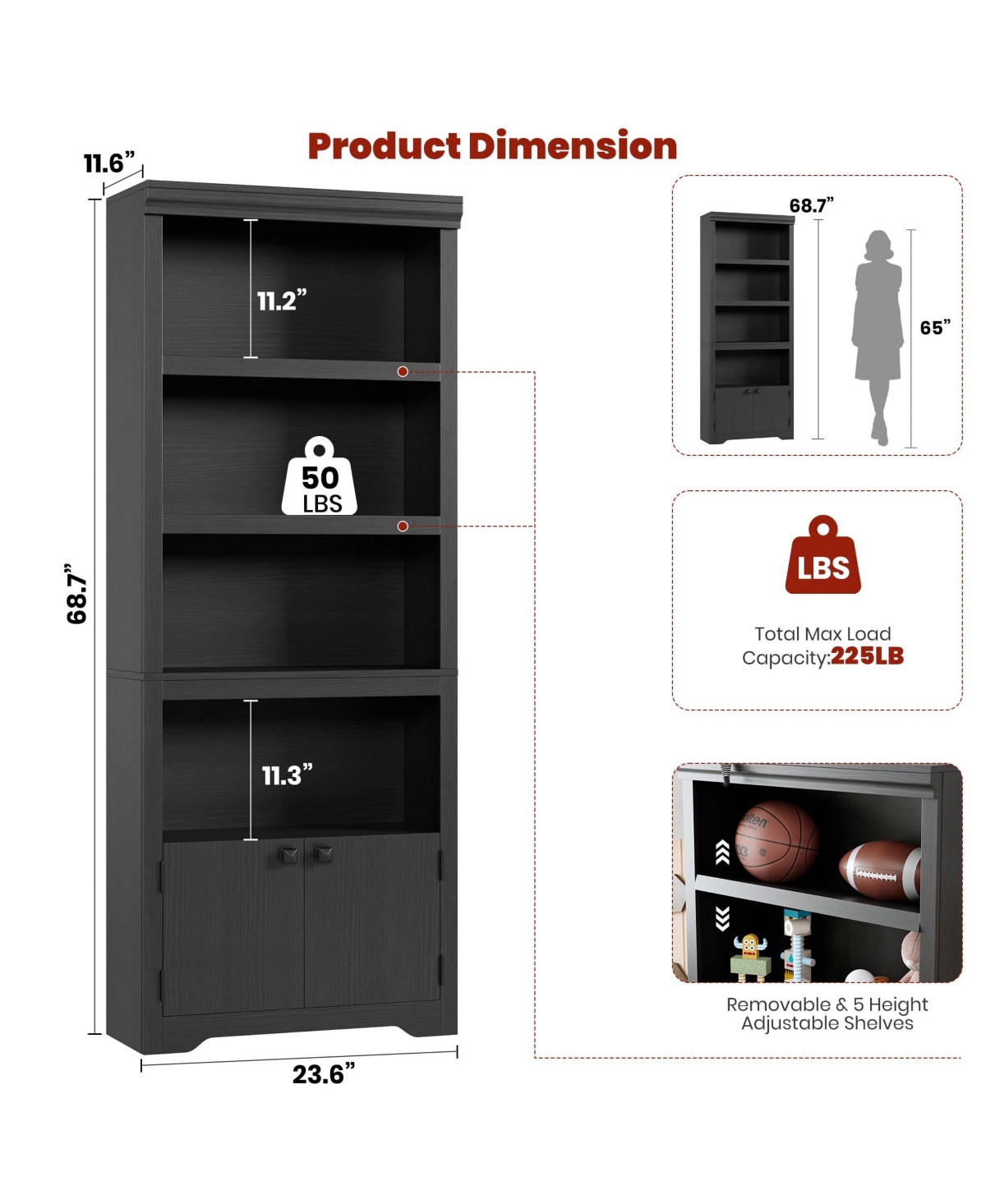 gaomon 5 Tier Farmhouse Bookshelf 69 Inch Tall with 2 Doors and Adjustable Shelves Anti-Slip Storage Rack for Home Office Living Room Library