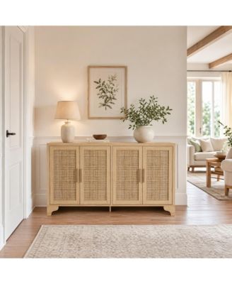 62.2 Inch Woven Buffet Sideboard, 4-Door Storage Cabinet with Shelves, Modern Farmhouse Wooden Console Table