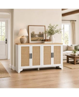 62.2 Inch Woven Buffet Sideboard, 4-Door Storage Cabinet with Shelves, Modern Farmhouse Wooden Console Table