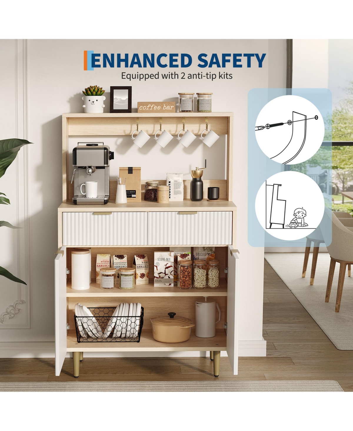 homfan Fluted Sideboard Buffet Cabinet with Storage, Modern Coffee Bar Unit Adjustable Shelves and 2 Drawers for Indoor Spaces