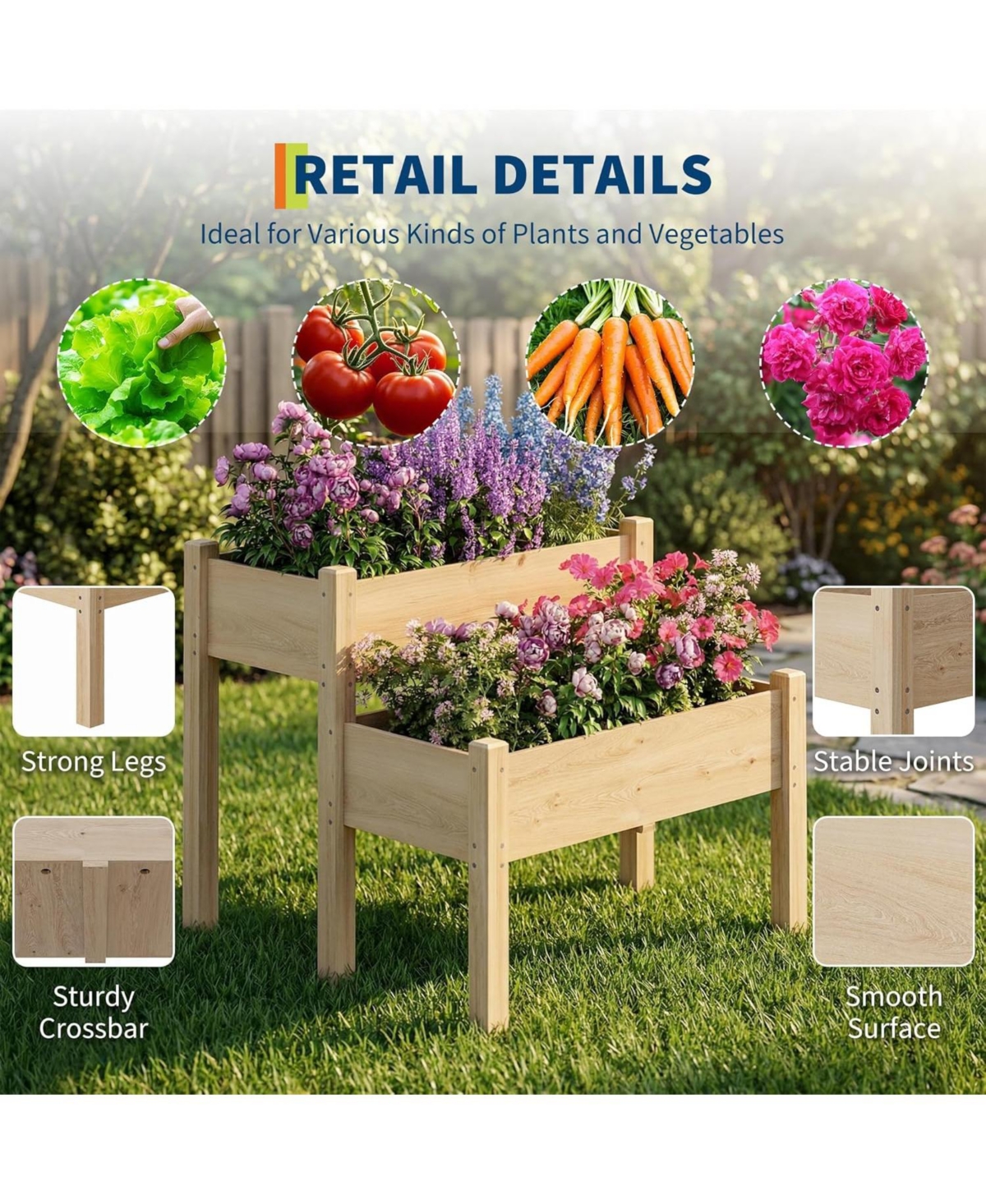 Xo 34x34x29 in 2-Tier Wooden Raised Garden Bed with Legs, Elevated Planter Box with Drainage, 352 lbs Capacity
