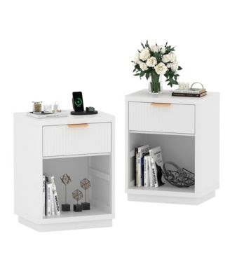 Set of 2 Fluted Nightstands with Charging Station, Bedside Tables with Drawers, 2 Outlets and 2 USB Ports, Metal Handles
