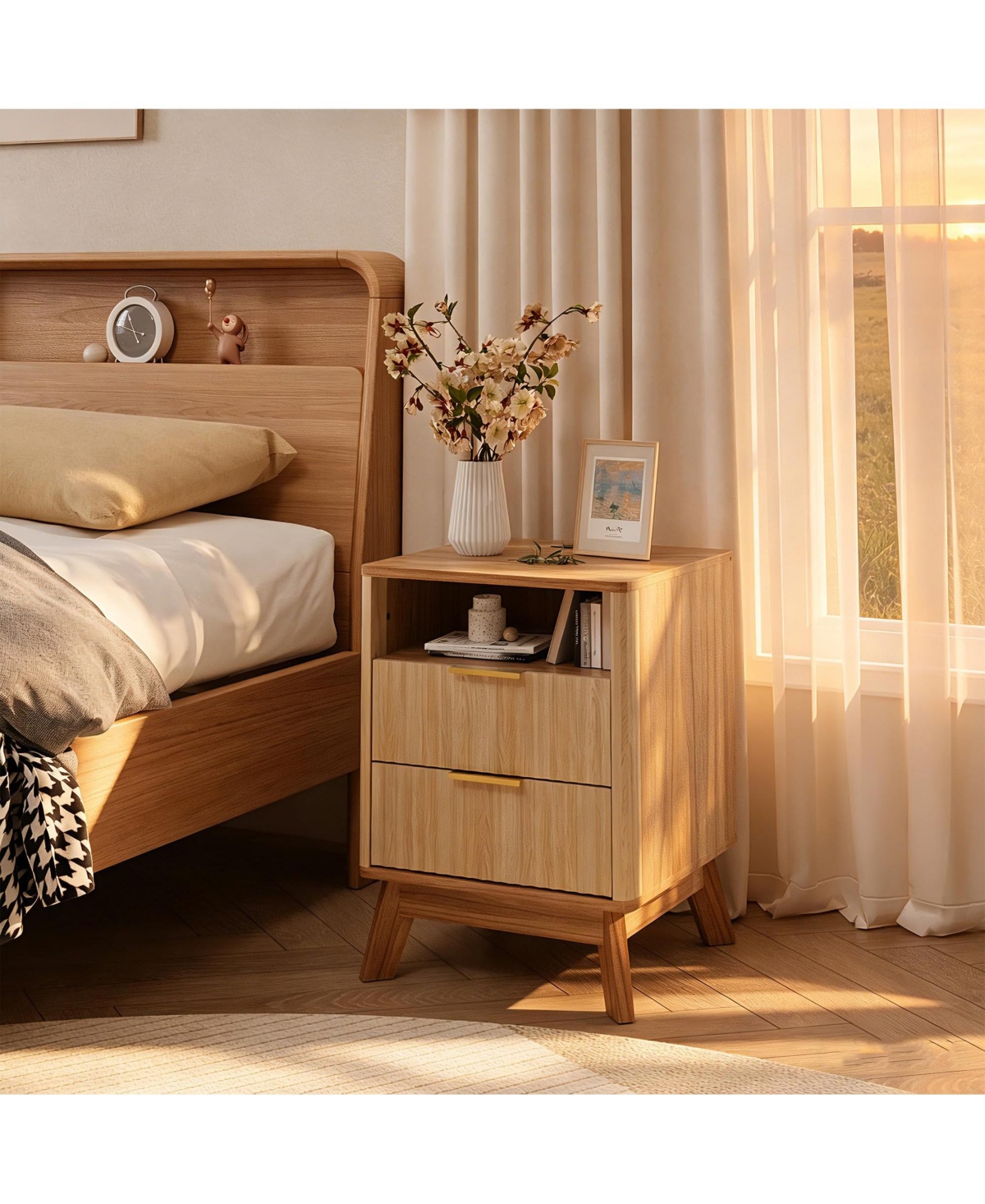 homfan Fluted Nightstand with Charging Station, Curved Side Table 2 Drawers and Open Cubby, Bedroom or Living Room End Table, Single Set of
