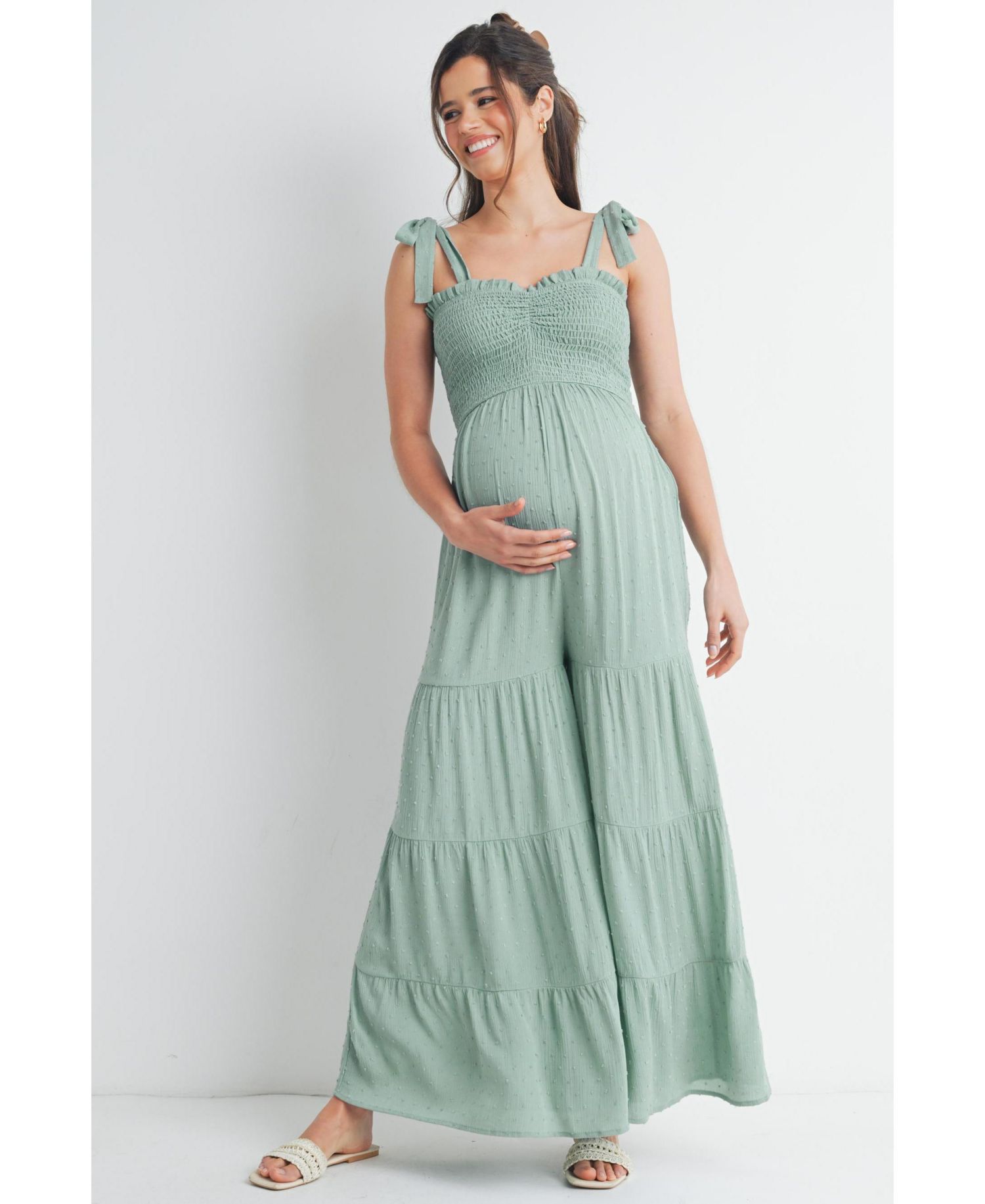 Maternity Sleeveless Smocked Wide Leg Jumpsuit with Tie Straps