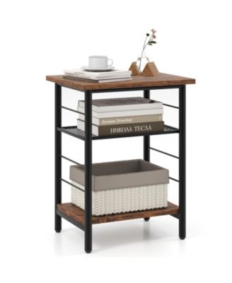 3-Tier Side End Table with Adjustable Mesh Shelf Narrow Nightstand