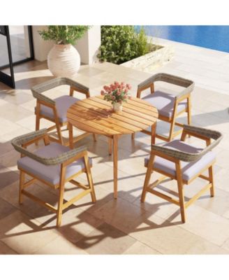 5-Piece Outdoor Acacia Wood and PE Rattan Patio Dining Set with Cushioned Backrest Chairs