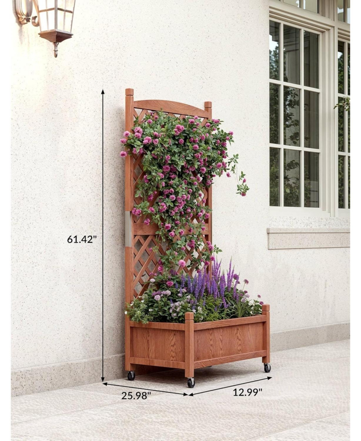 Xo 29.5" Wooden Raised Garden Bed with Trellis and Wheels, Planter Box for Climbing Plants Flowers