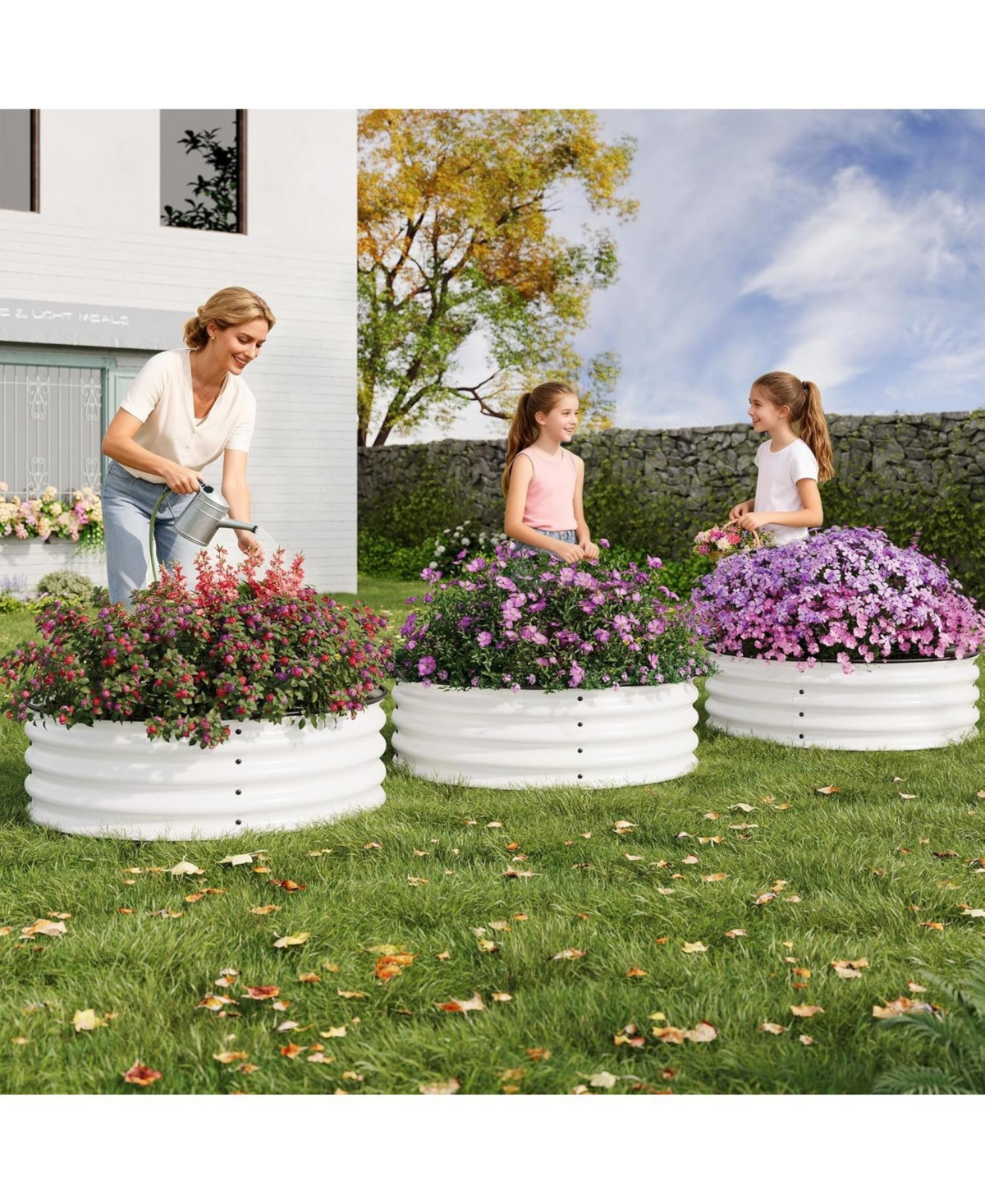 Xo White Round Metal Raised Garden Bed 2x1 ft, Galvanized Planter Box, Safe Edge, Open Bottom, Easy Assembly