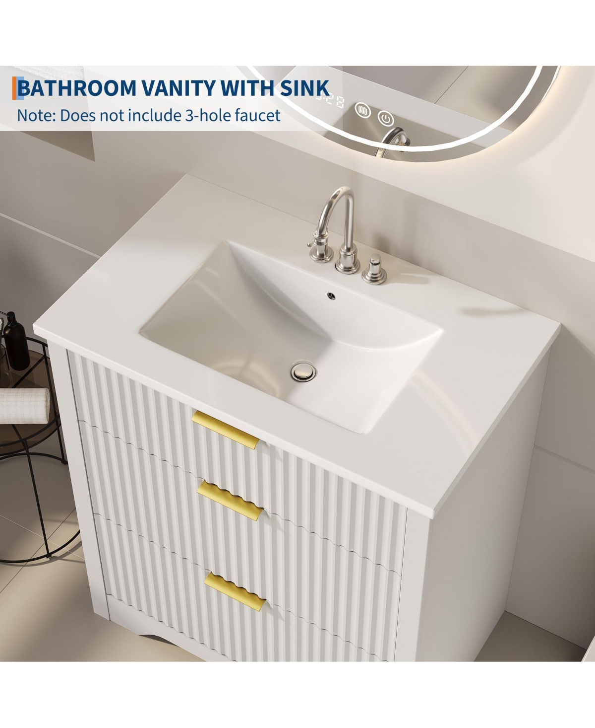 gaomon Fluted Bathroom Vanity with Ceramic Sink Freestanding Cabinet with Soft-Close Drawers and 1 Rotating-Down Drawer 30-Inch