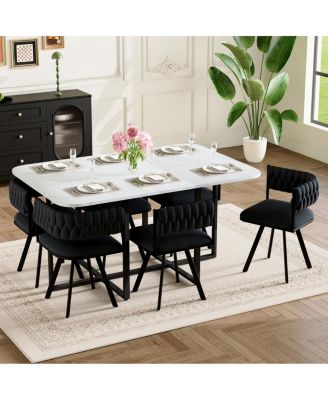 7-Piece Faux Marble Dining Set with 6 Velvet Chairs
