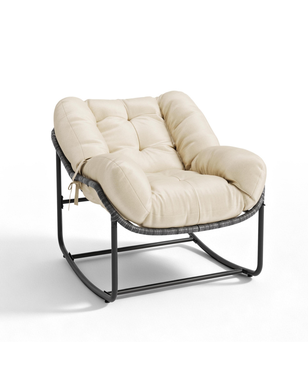 homfanWicker Rocking Chair with Cushion, Indoor Outdoor Papasan Egg Lounge for Patio, Porch, Living Room, Bedroom