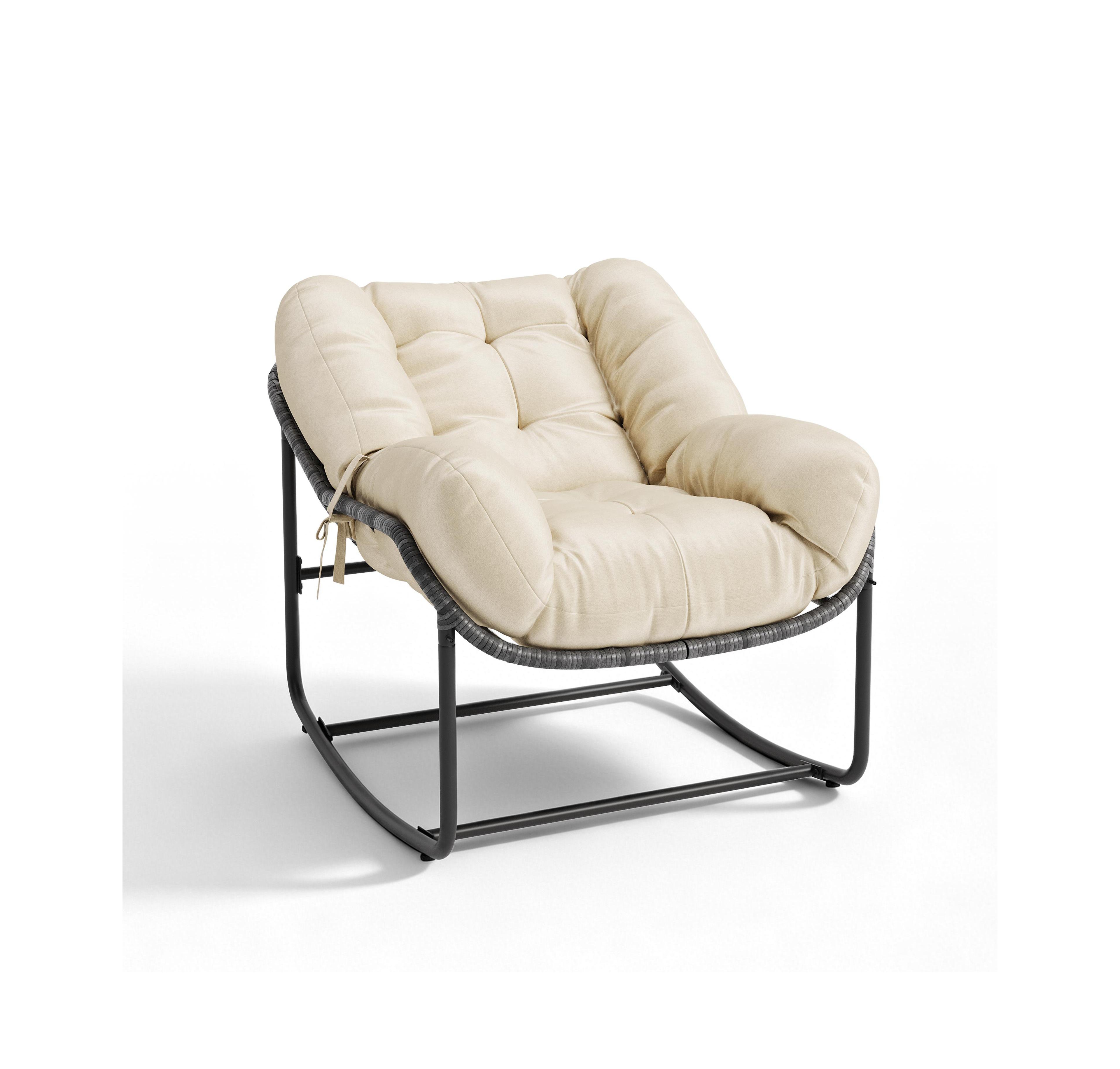 homfanWicker Rocking Chair with Cushion, Indoor Outdoor Papasan Egg Lounge for Patio, Porch, Living Room, Bedroom