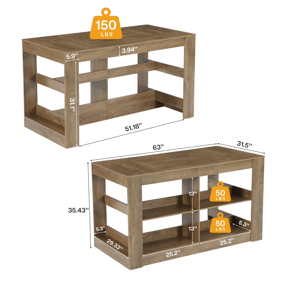 Tribesigns 63" Kitchen Island with Storage, 3-Tier Farmhouse Wooden Stationary Island Table with Large Worktop and Leg Room, Coffee Bar Table