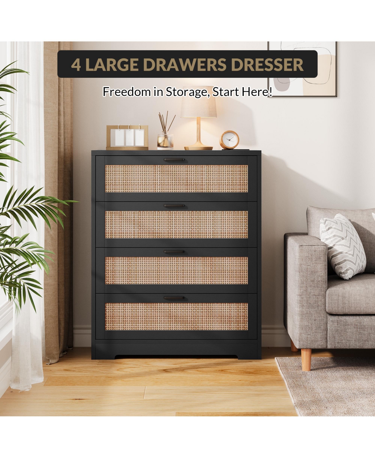homfan Tall 4-Drawer Rattan Dresser with Wood Top, Modern Storage Chest Handles for Bedroom, Living Room, Entryway, Hallway