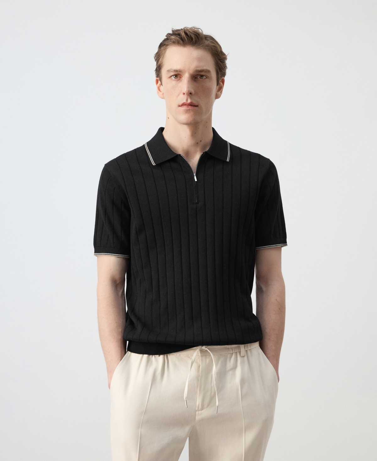 Mango Men's Fine-Knit Zipper Polo Shirt - Black